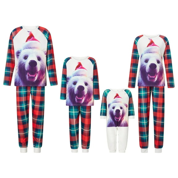 Elippeo Family Matching Christmas Pajamas, Romper/ Bear Print Long Sleeve Tops and Plaid Pants Sleepwear Loungewear Set