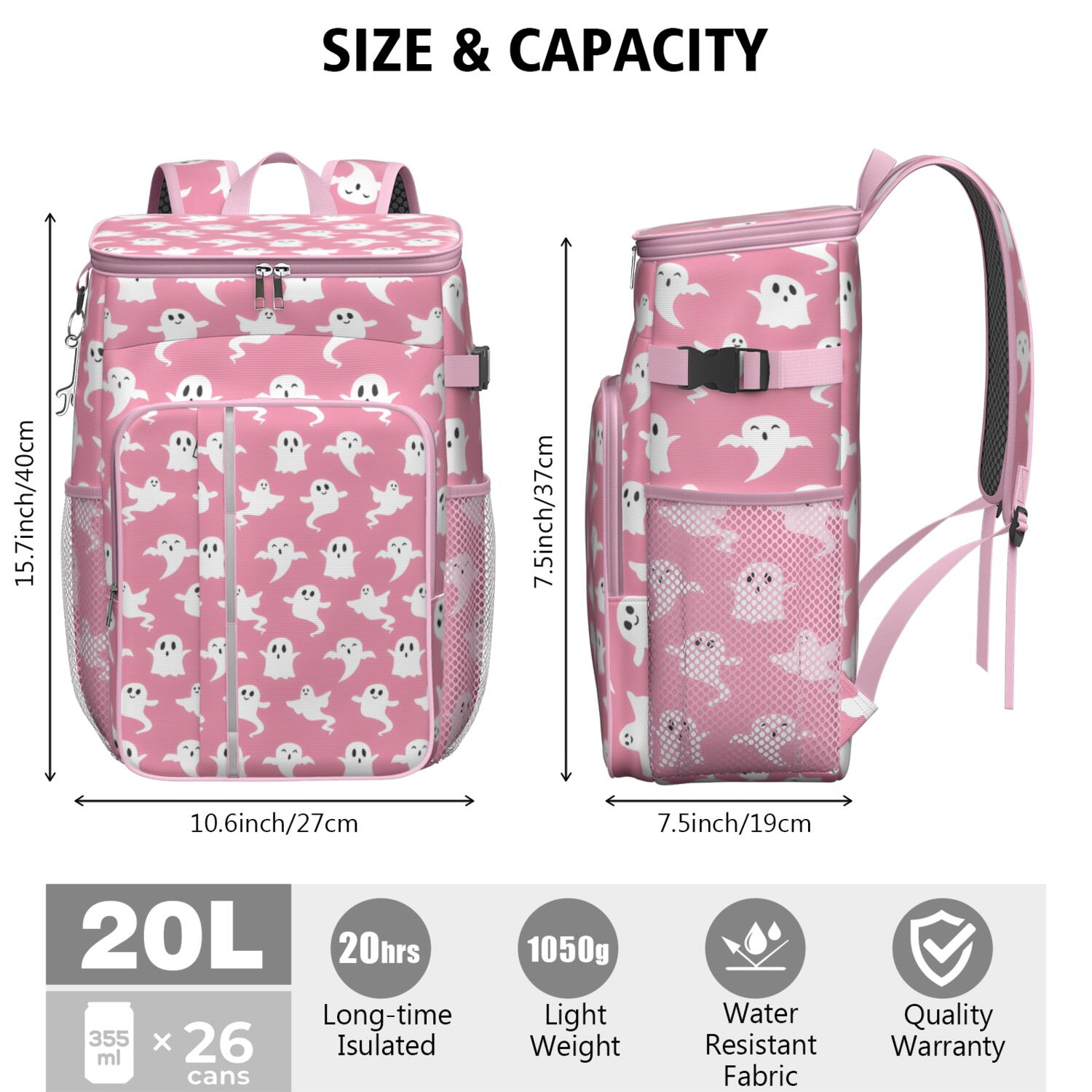 Travel Cooler Bag - Pink Halloween Ghosts Camping Beer Cooler Backpack with Bottle Opener- Waterproof Insulated Picnic Backpacks - Cooler Bag for Beach