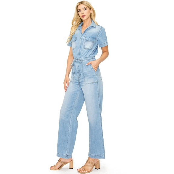 Kan Can Womens Aviator Denim Coverall Denim Jumpsuit (Light Denim, Small)