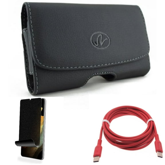 Case Belt Clip & Privacy Screen Protector & Red 6ft Long Cable for Samsung Galaxy S22 Plus (S22 ) - Combo Leather Swivel Holster & TPU Film (Fingerprint) Anti-Peep & USB-C to Type-C PD Fast Charger