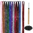 thumbnail image 6 of Hair Tinsel Kit 12 Colors 47inch 2400 Strands Silver Glitter Extensions Heat Resistant Party Herbiar, 6 of 8