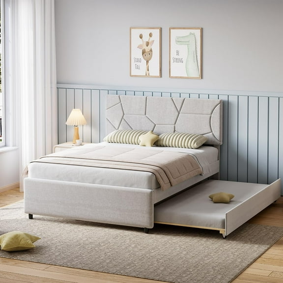 Studyset Full Bed Frame with Trundle Bed,Full Size Upholstered Platform Bed Frame,Pull Out Bed with Headboard,Wood Slat Support,Full Size Trundle Bed for Bedroom,Living Room,Guest Room