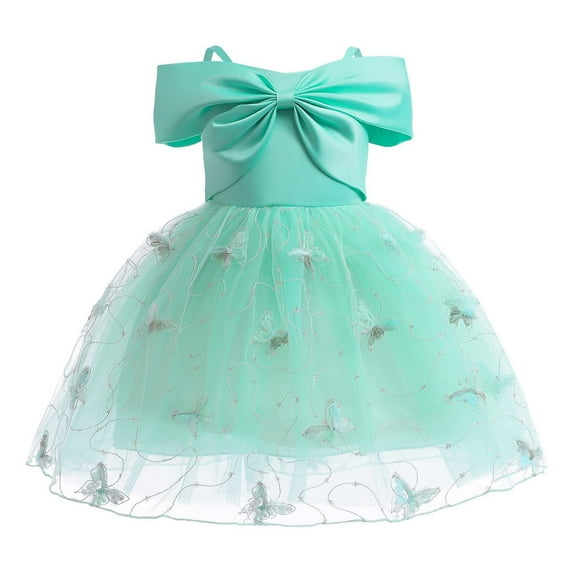 2025 TAGOLD Toddler Girls Summer Dress,Casual Dress for Kids,Children Embroider Princess Dress Gown Puff Sleeve Baby Girl Off-the-shoulder Bowknot Dress