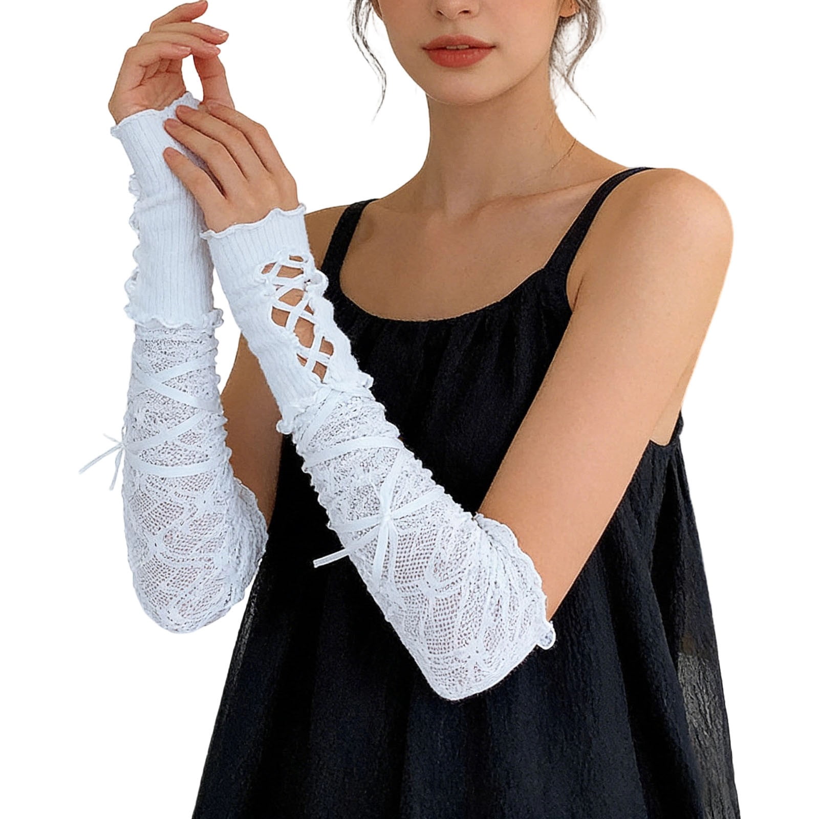 Adults Green White Striped Retro Gothic Punk Arm Warmer Gloves