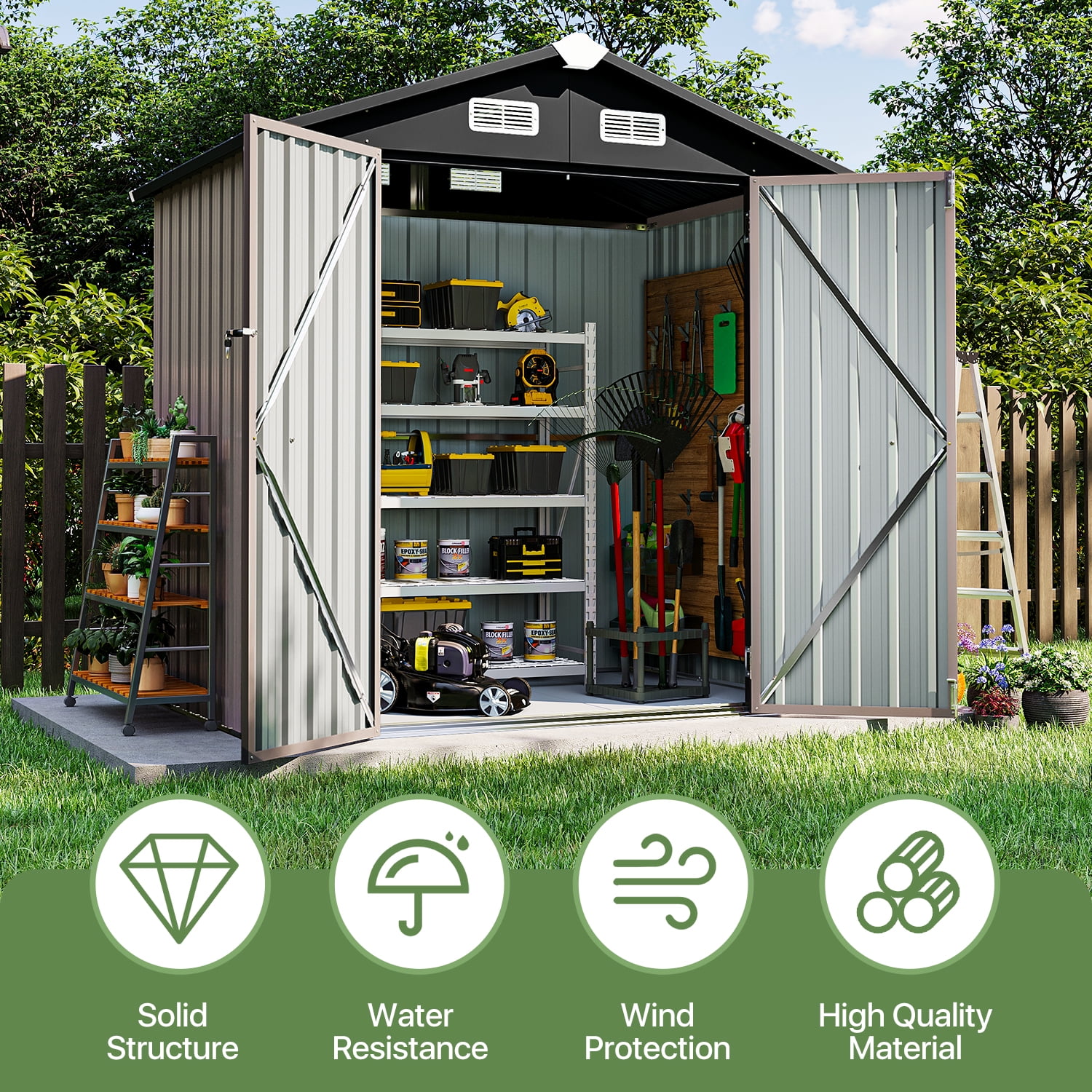 JolyDal 6 x 4 Ft Outdoor Storage Shed with Plastic Floor, Metal Tool Shed with Door and Lock, Brown