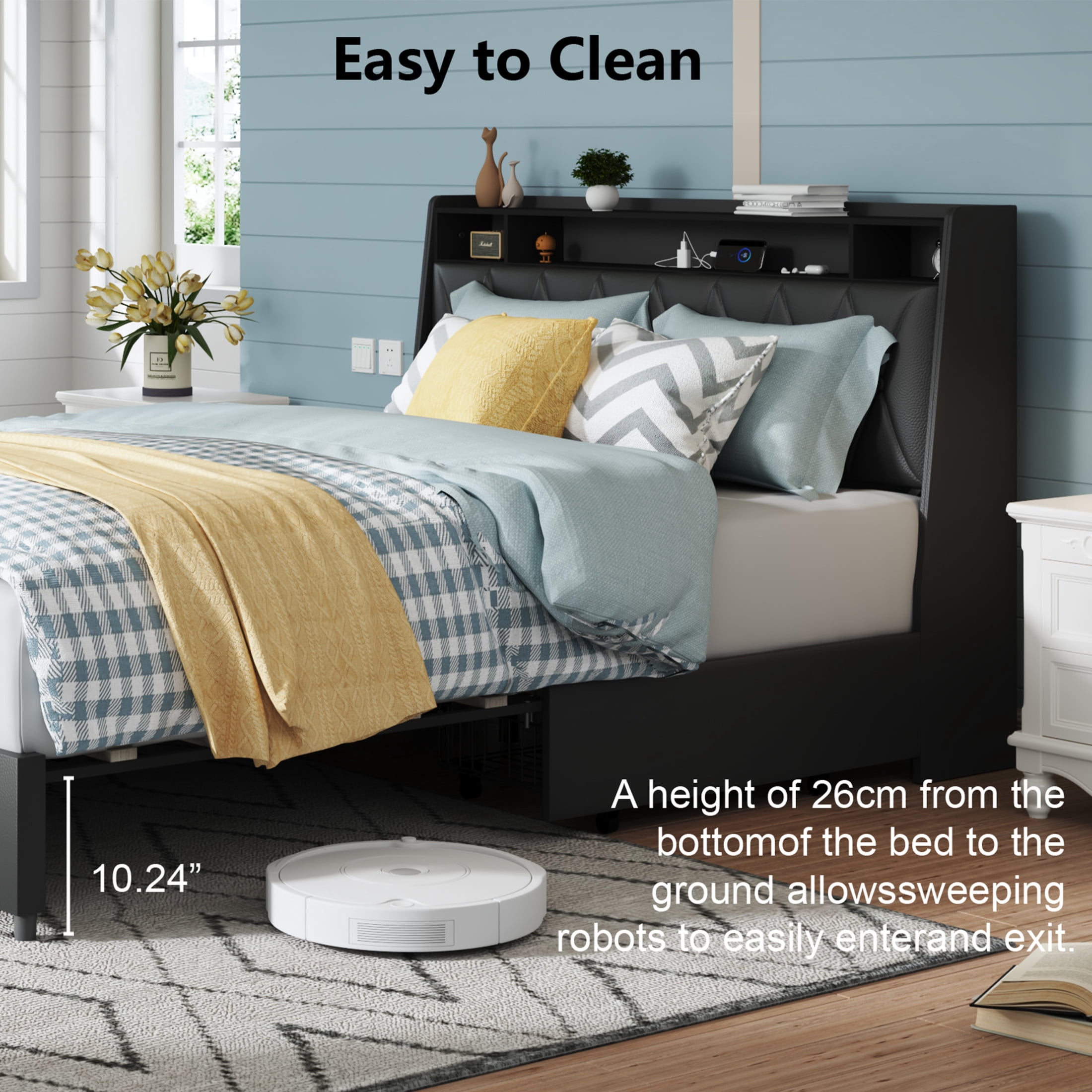 Noble House Lexair Full Size Bed Frame with Ergonomic Headboard, Built-in Outlets & Charger, Storage Shelf, Black