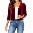 thumbnail image 4 of Vivianyo HD Women's Velvet Cropped Open Front Shrug Cardigan, Ruched Three Quarter Sleeve Cover Up for Women, Outer Layer for Dinner Events and Evening Plans, Size S-3XL, 4 of 6
