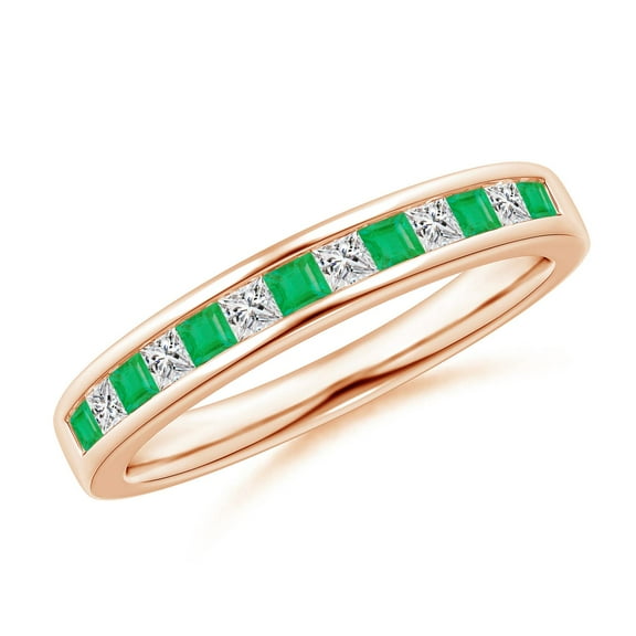 ANGARA Natural Channel Square Emerald and Diamond Half Eternity Ring in 14K Rose Gold for Women (Size-1.8mm) | May Birthstone, Birthday, Anniversary, Jewelry Gift for Women | Natural Emerald Ring