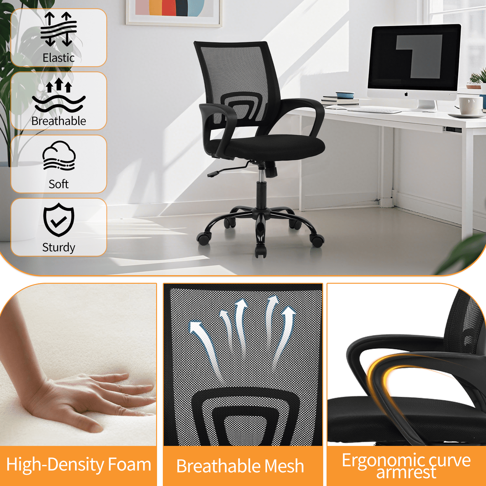 Mid Back Desk Chair Mesh Office Chair Task Rolling Swivel Chair Computer Chair with 360° Casters & Armrest, Black