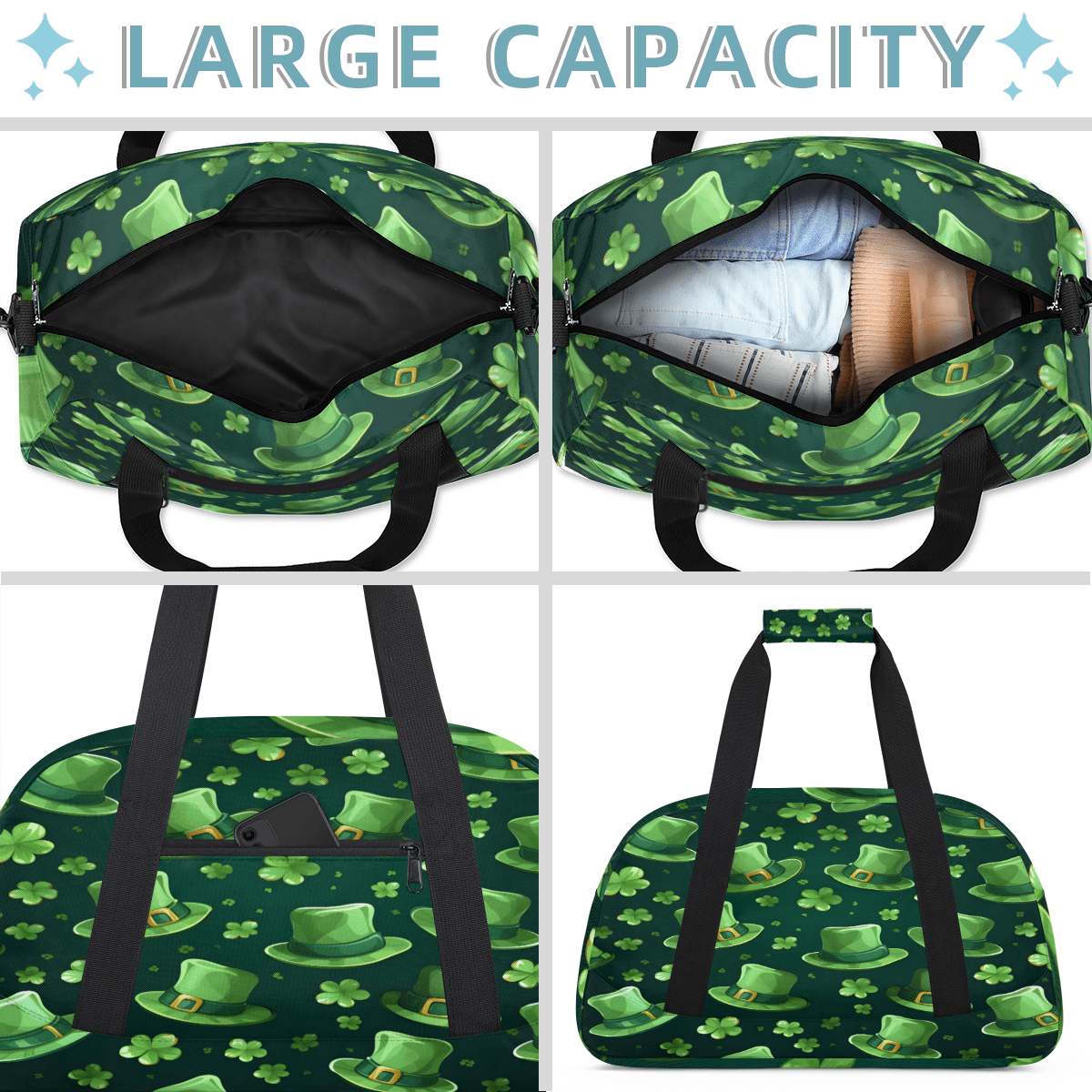 Herdesigns St Patricks Day Shamrock Luck Hat Sports Duffle Bag for Women & Men, Gym Bag Dance Bag Overnight Bag Carry On Weekender Travel Bag