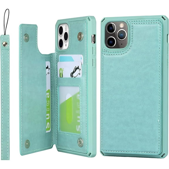 for iPhone 11 Pro Wallet Case with RFID Blocking Card Holder for Girls Women,Premium PU Leather Magnetic Buttons Stand Flip Wrist Strap Case for iPhone 11 Pro 5.8 Inch,Macaron Green