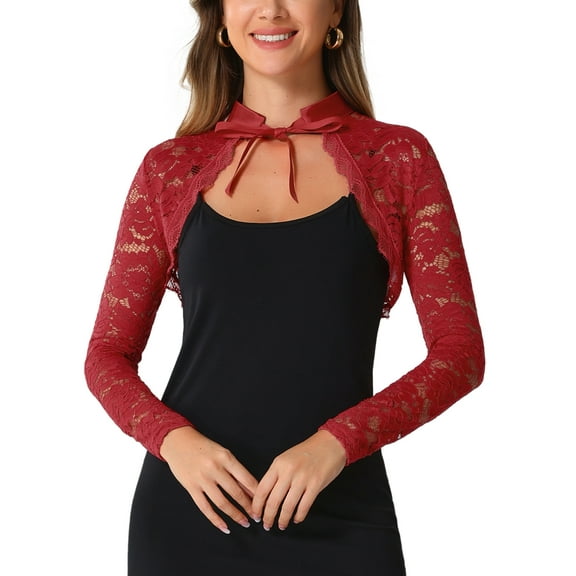 INSPIRE CHIC Women's Lace Cropped Shrugs Stand Collar Elegant Crochet Sheer Bolero XS Red