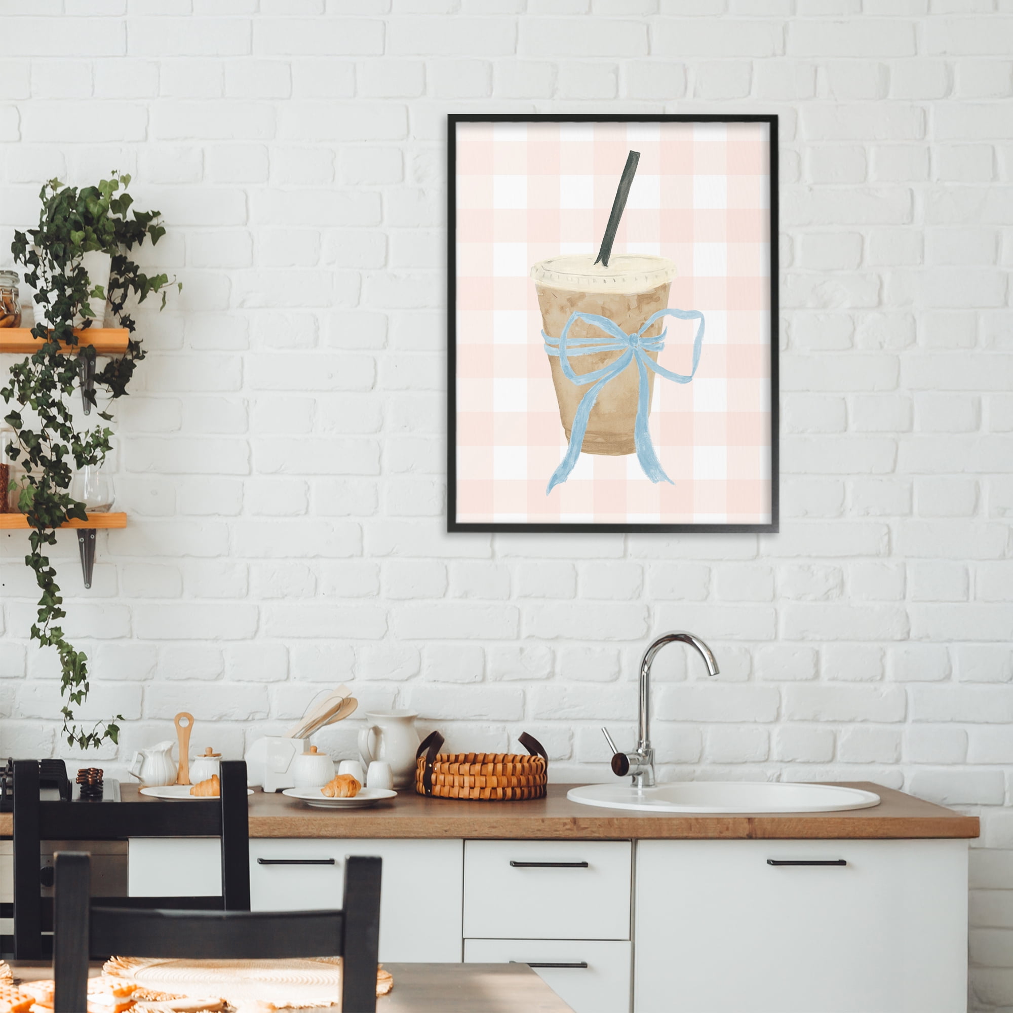 Stupell Industries Iced Coffee on Gingham Black Framed Giclee Art, design by Lucille Price