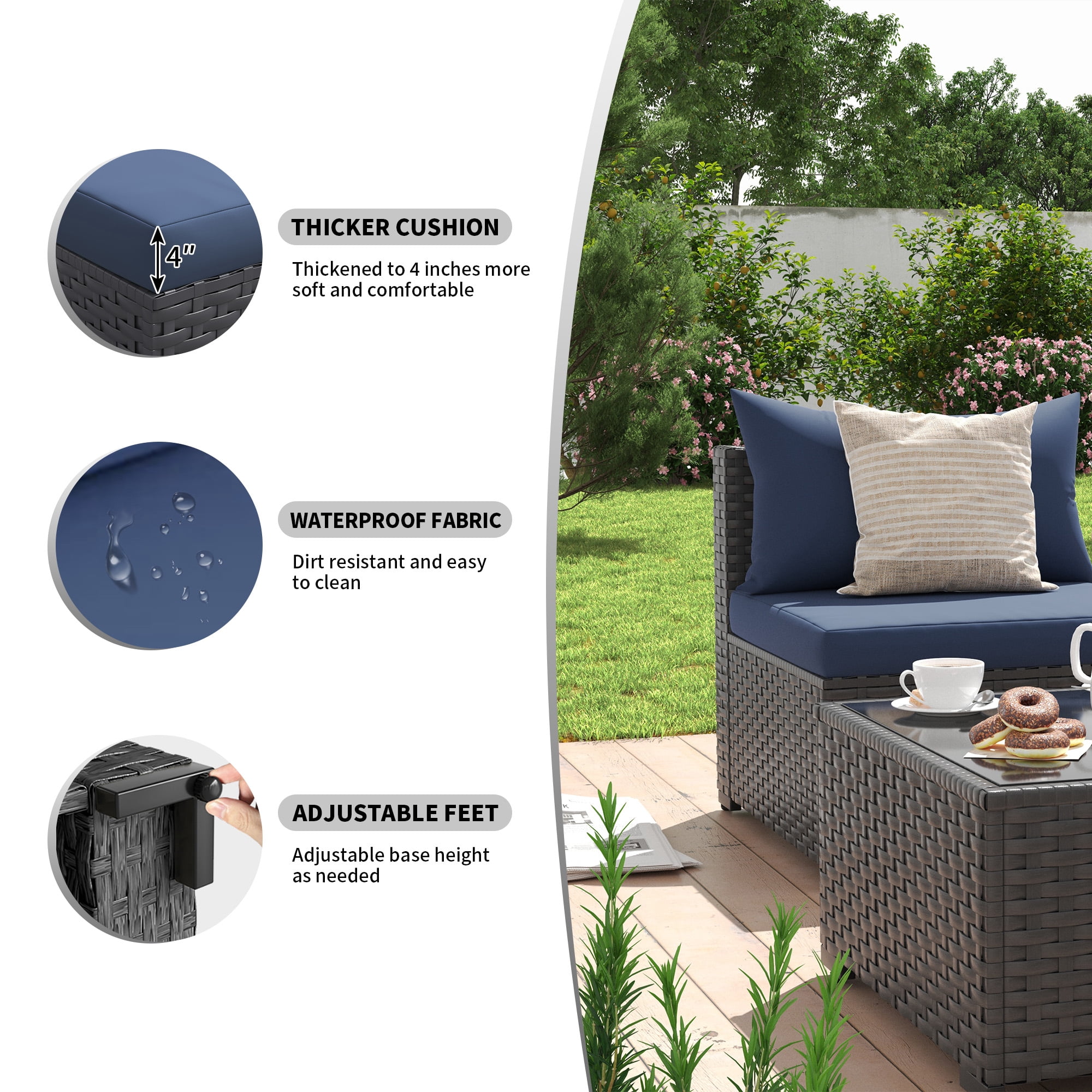MRUAKA 8 Pieces Patio Furniture Set with Fire Pit Table, Outdoor Furniture Sectional Rattan Sofa, Patio Couch with Glass Coffee Table for Backyard Garden (Navy)