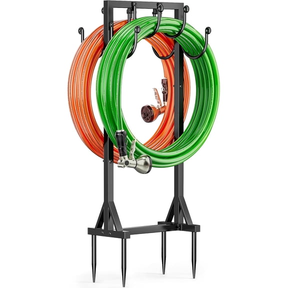 Heavy Duty Garden Hose Holder, 116CM Freestanding Metal Hose Stand with Dual-Sided Design & Hooks, Removable Outdoor Water Hose Rack for Garden Use