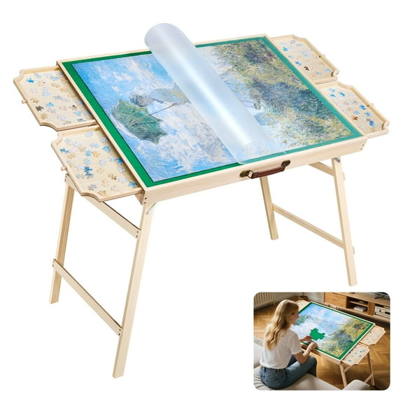 VEVOR 1500 Piece Puzzle Table with Folding Legs, 4 Drawers and Cover, 34x25 in Portable Wooden Board, Felt Surface Jigsaw Puzzle Accessories for Adults, Adjustable 6-Tilting-Angle, Gift for Mom