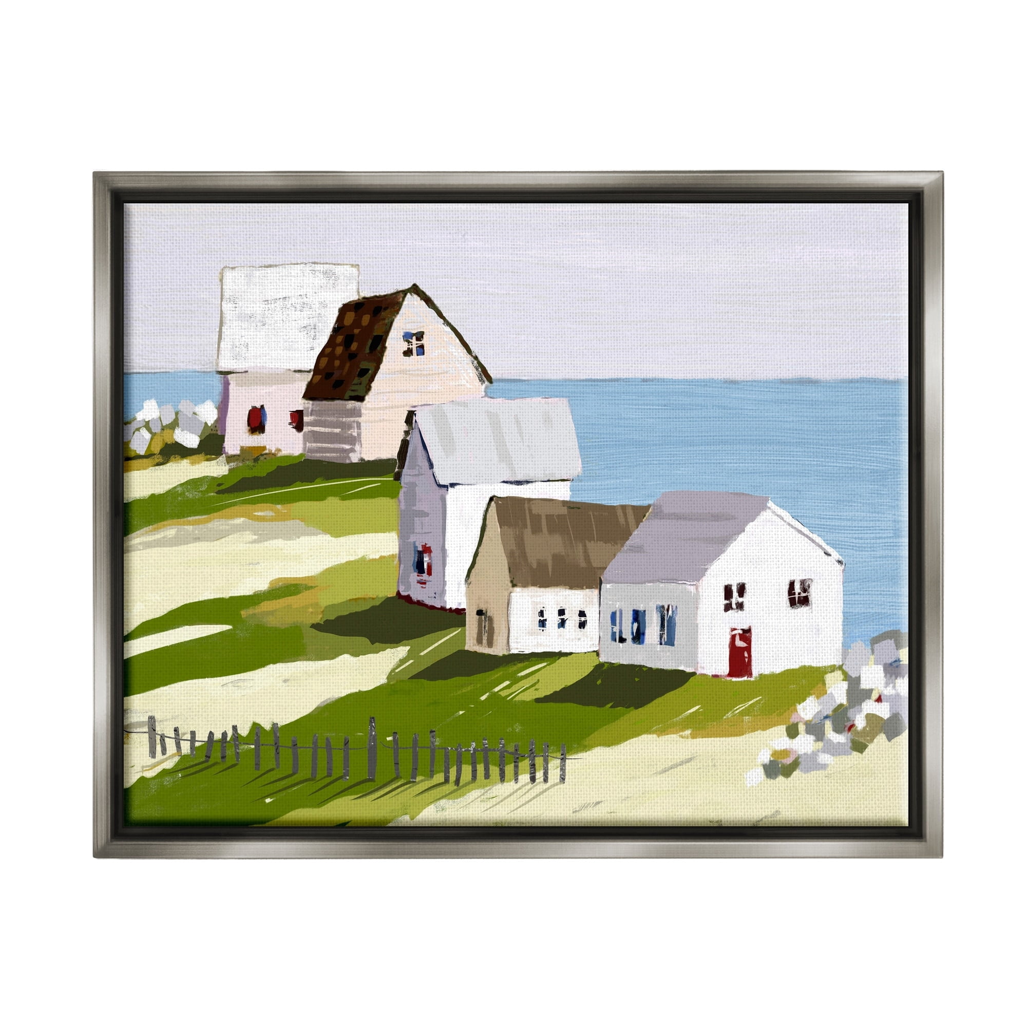 Stupell Industries Quaint Seaside Cottages Overlooking Vast Ocean Landscape Graphic Art Luster Gray Floating Framed Canvas Print Wall Art, Design by Tina Finn