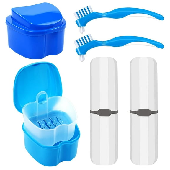 ACDANC Denture Case Kit,2 Denture Cup with 2 Denture Brush & 2 Portable Brush Box Denture Bath Cup with Strainer & Lid for Travel,Storage Soak Container Retainer Cleaner