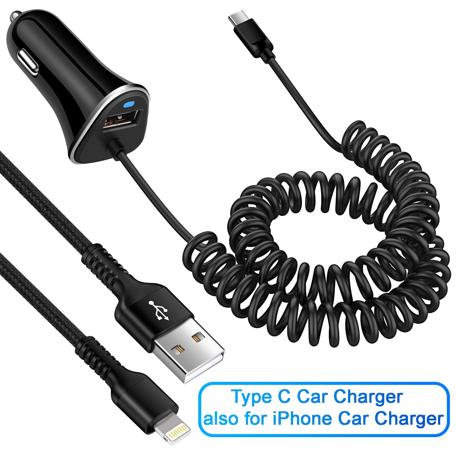Car Charger,Coiled iPhone Car Charger Adapter,HAOANO USB C Car Charger