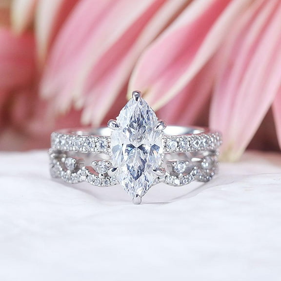 Shineoddiamond Vintage 2pcs Marquise Cut Sterling Silver Ring Set with Lace Band, Anniversary & Wedding Women Wedding Ring, Simulated Diamond Promise Ring