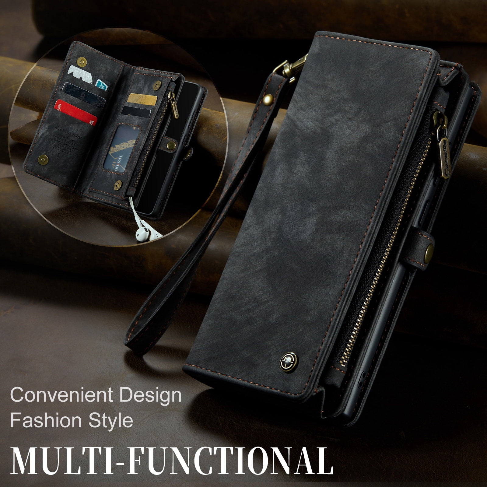 Feishell Durable 2- In-1 Magnetic Detachable Wallet Case for Samsung Galaxy A52 4G/5G,for Women Men,Premium PU Leather Zipper Pocket Flip Multi Card Slots Purse Phone Case with Wrist Strap,Black