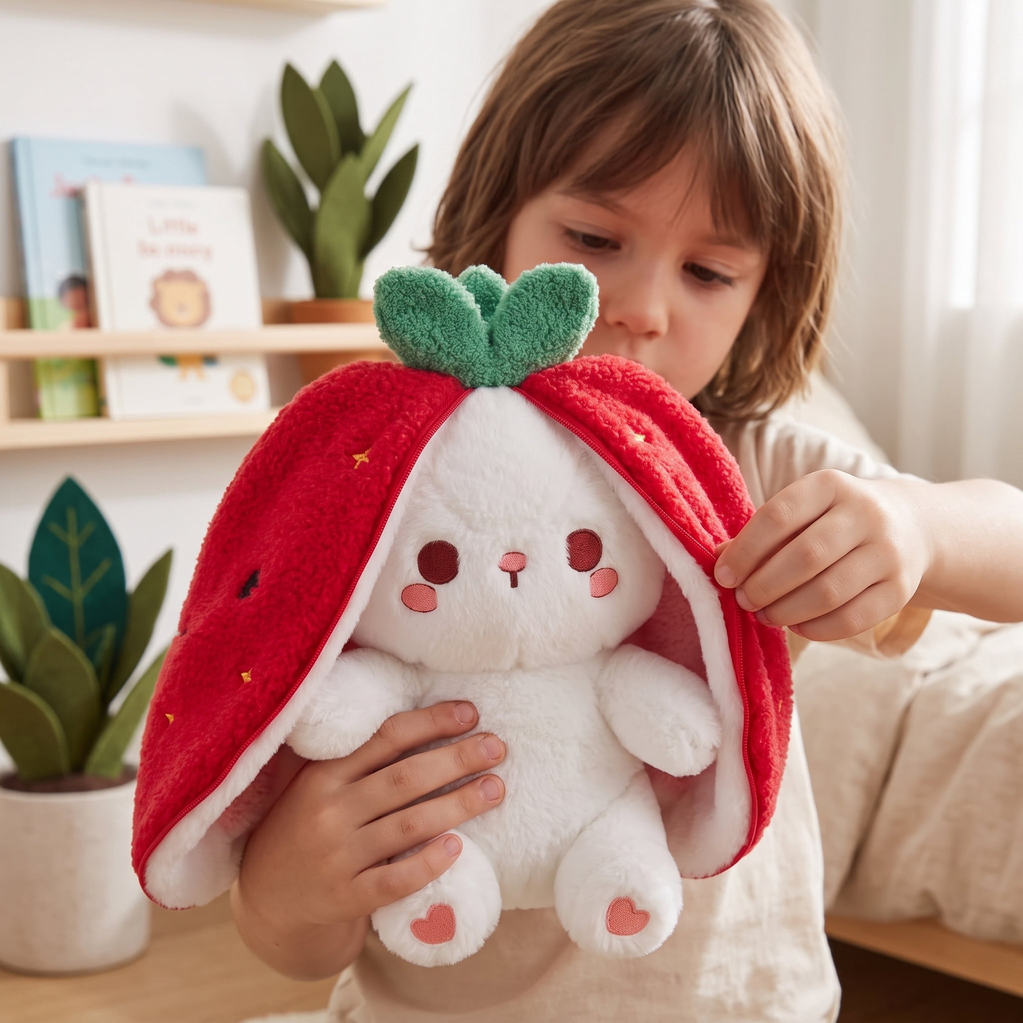 Kawaii Squishy Cute Easter Bunny Plush Turn Into Rabbit Fruit Doll Carrot Strawberry Pillow, Plushies Funny Bunny Toy for Baby