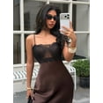 thumbnail image 2 of Brown Asymmetric Lace Satin Slip Dress With Sheer Overlay, Elegant European Style Maxi Dress, 2 of 8