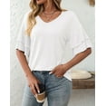 thumbnail image 5 of Womens V-Neck Tops Dressy Double Layer Bell Sleeve 3/4 Length Ruffle Sleeve T Shirts White XXL, 5 of 6