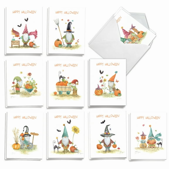 The Best Card Company 20 Assorted Blank Halloween Notecards Box Set 4 x 5.12 Inch with Envelopes (10 Designs, 2 Each) 10 Gnomes AM10186HWB-B2x10