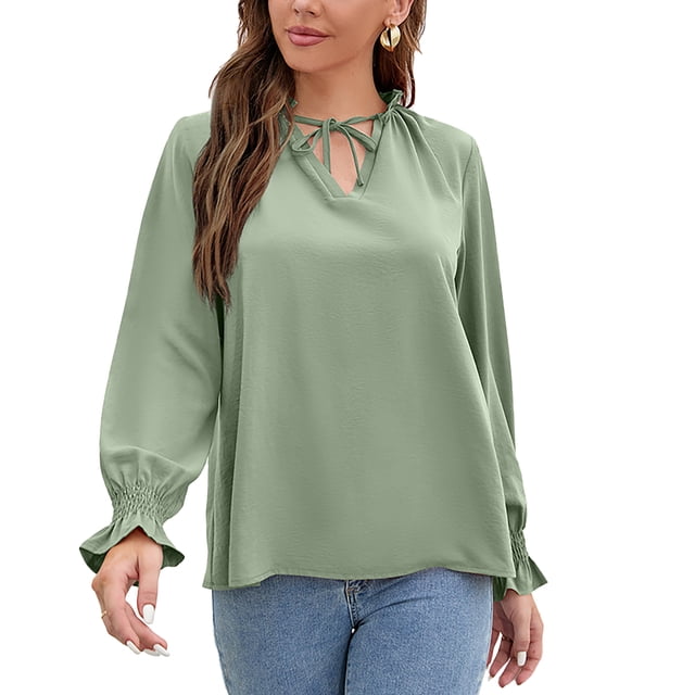 Blusa Cuello En V Manga Larga Puños Con Volantes Lazo Cordón Volante Cuello Alto Tops Casuales Para Mujer Verde S