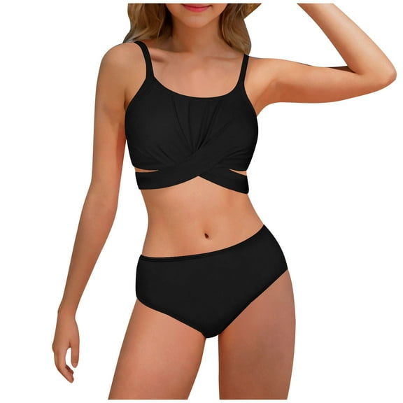 Hicidod Girls Tankini Swimsuit Two Piece High Waisted Solid Color Bathing Suits Summer Beach Swimwear with Shorts for 7-14 Years