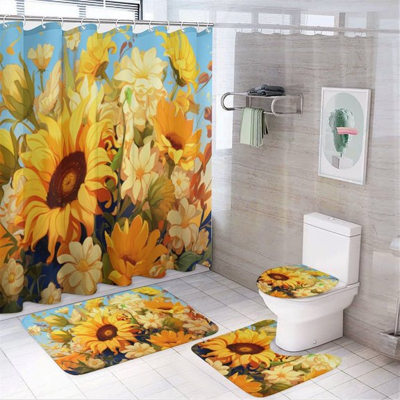 Sunflower Bathroom Sets with Shower Curtain And Rugs, Incl with 12 Hooks,Toilet Lid Oval Rug
