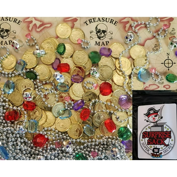 240 pc Pirate Loot Party Favor Pack Supplies (144 Pirate gold coins, 36 pirate jewels, 24 treasure maps, 12 pirate skull rings, & More) Pirate Birthday Party Supplies & Decorations