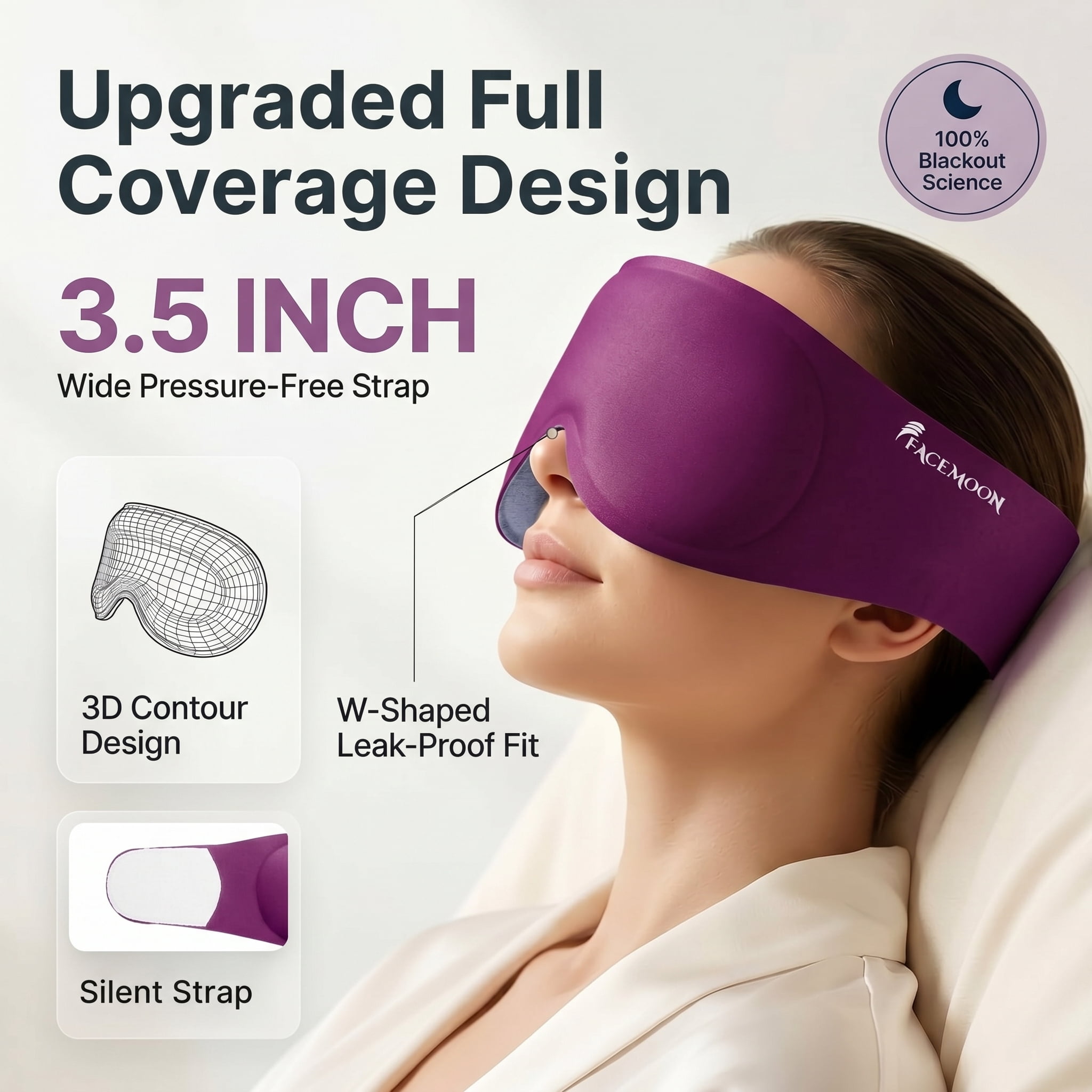 FACEMOON Weighted Sleep Mask 100% Blackout 3D Contoured for Men and Women Luxurious Night Sleep Soft Memory Foam Zero Pressure Travel Essential Purple