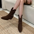 thumbnail image 3 of Slouchy Riding Boots for Women Suede Split Toe Trendy Strappy Chunky Heel Pull on Short Winter Booties Casual Western Mid Calf Boots, 3 of 7