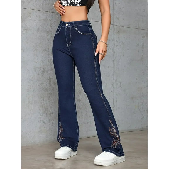 Women's blue vintage fashion stretch mid-high waist embroidered flared jeans;