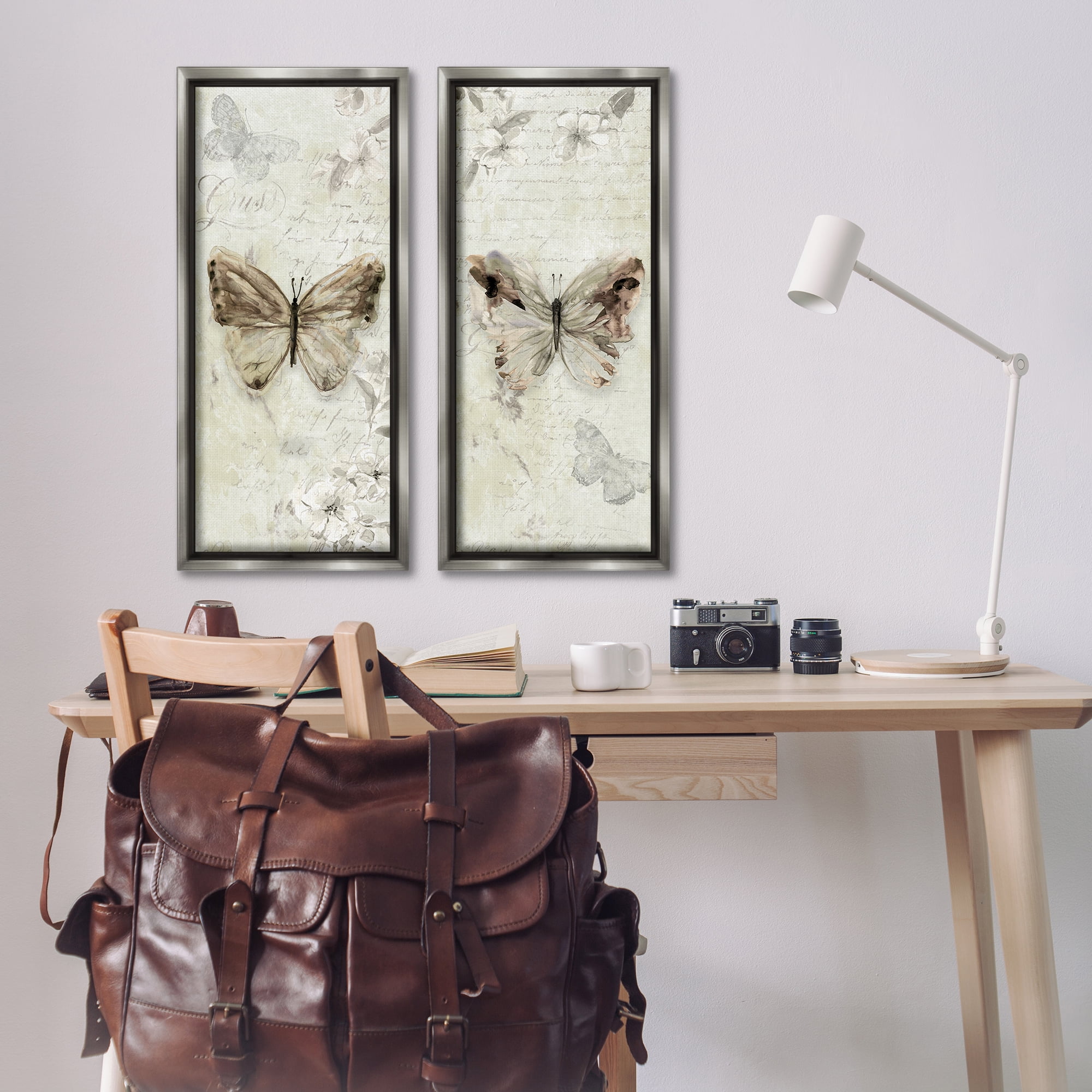 Stupell Industries Vintage Butterfly Scrapbook Page Animals Painting Gray Floater Framed Canvas Art Print Wall Art, 14 x 31, Set of 2