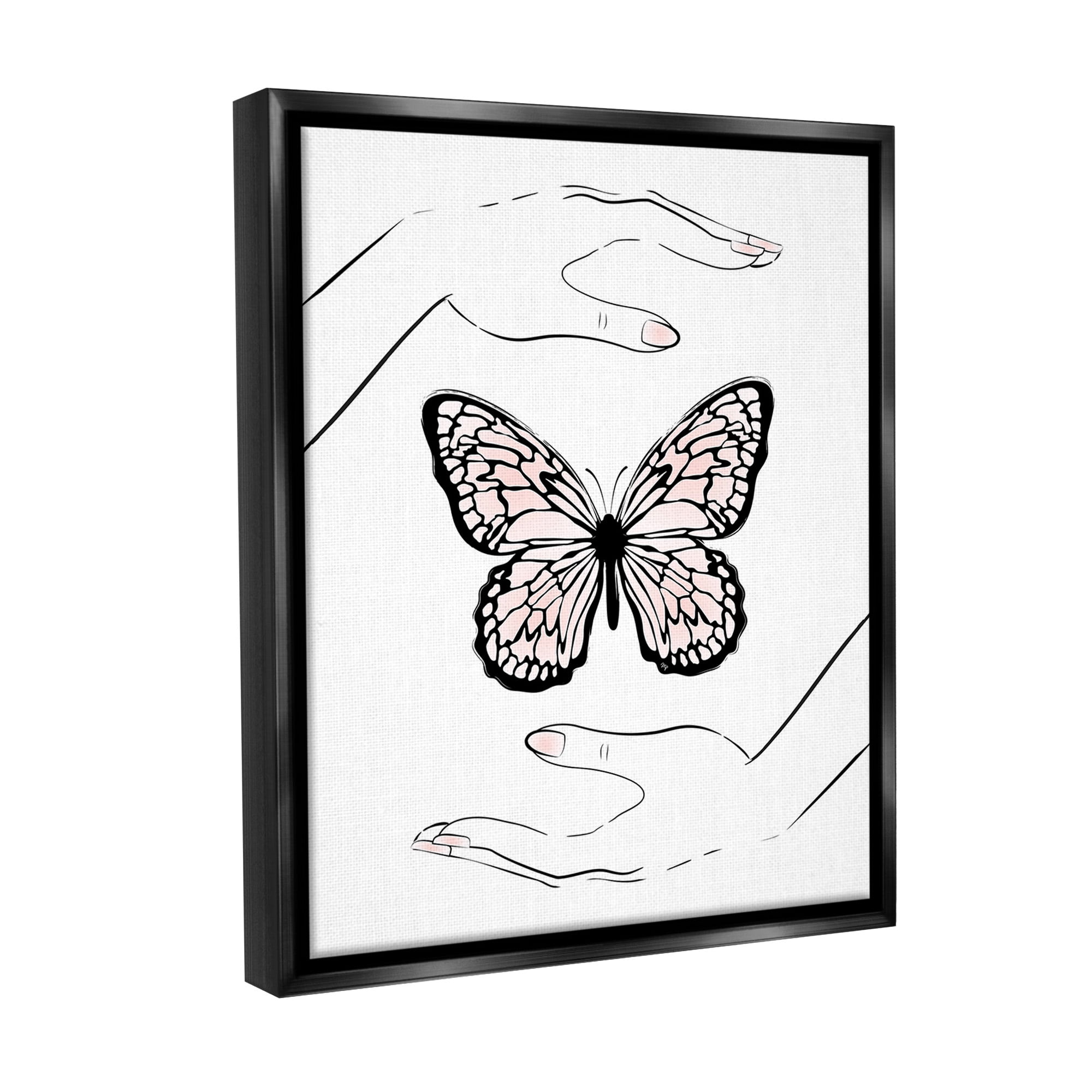 Stupell Industries Hands & Pink Butterfly Animals & Insects Painting Black Floater Framed Canvas Art Print Wall Art, 25 x 31
