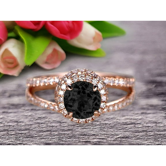 Unique Double Halo Design Round Cut 2 Carat Black Diamond Moissanite Engagement Ring Promise Ring for Bride Aniversary Ring On 10k Rose Gold Custom Made Glaring Jewelry
