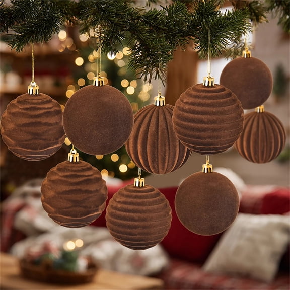 12pcs 8cm Brown Christmas Balls Luxury Flocking Xmas Decorative Hanging Ornaments New Year Party Christmas Spheres Pendant Set