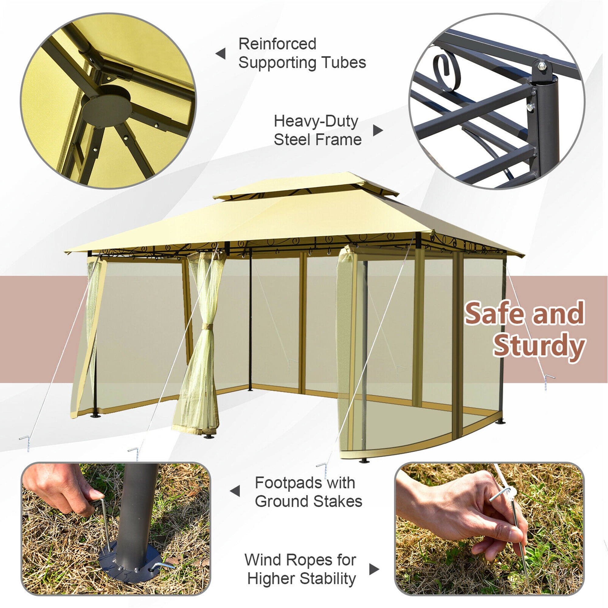 Gymax 2-Tier 10'x13' Steel Gazebo Canopy Tent Shelter Patio Garden Outdoor Netting Beige