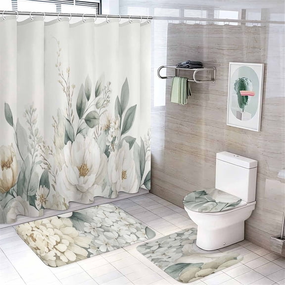 Sage Green White Magnolia Fabric Shower Curtain Set with Rugs and Hooks, 4 Piece Shower Curtains Sets Waterproof Bathroom Curtains 72x72 Inch, Non-Slip Bath Mats Toilet Lid Cover