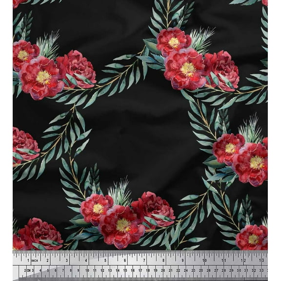 Soimoi Black Cotton Duck Fabric Leaves & Peony Floral Print Sewing Fabric Yard 44 Inch Wide