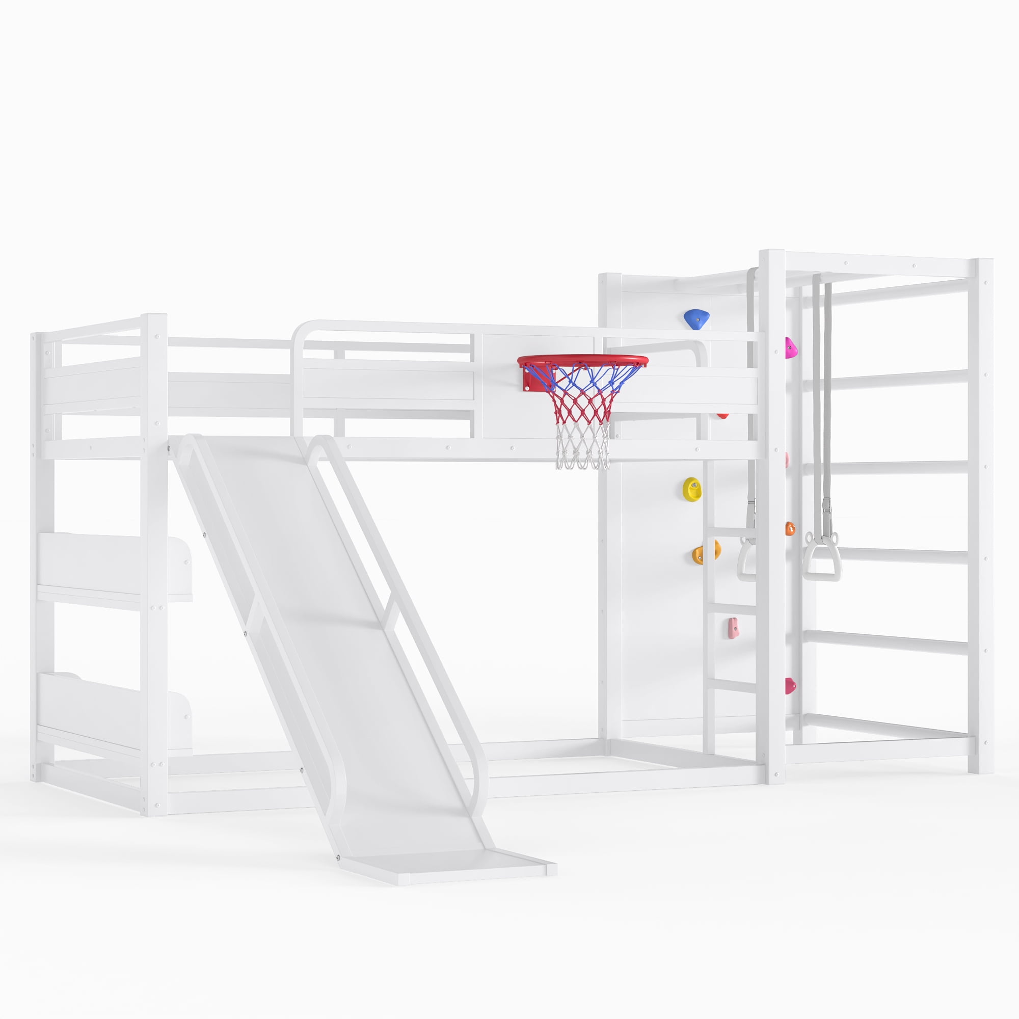 Twin Size Loft/Bunk Bed with Basketball Hoop, Pull-up Rings and Climbing Wall, Metal Loft Bed Frame with Slide and Bookshelves, Heavy Duty Bunk Beds with Guardrail