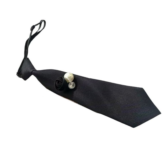 Elegant Womens Black Floral Rhinestones Pearls Pre Tied Neck Tie for Business Meetings and Weddings Adjustable Shirt Tie