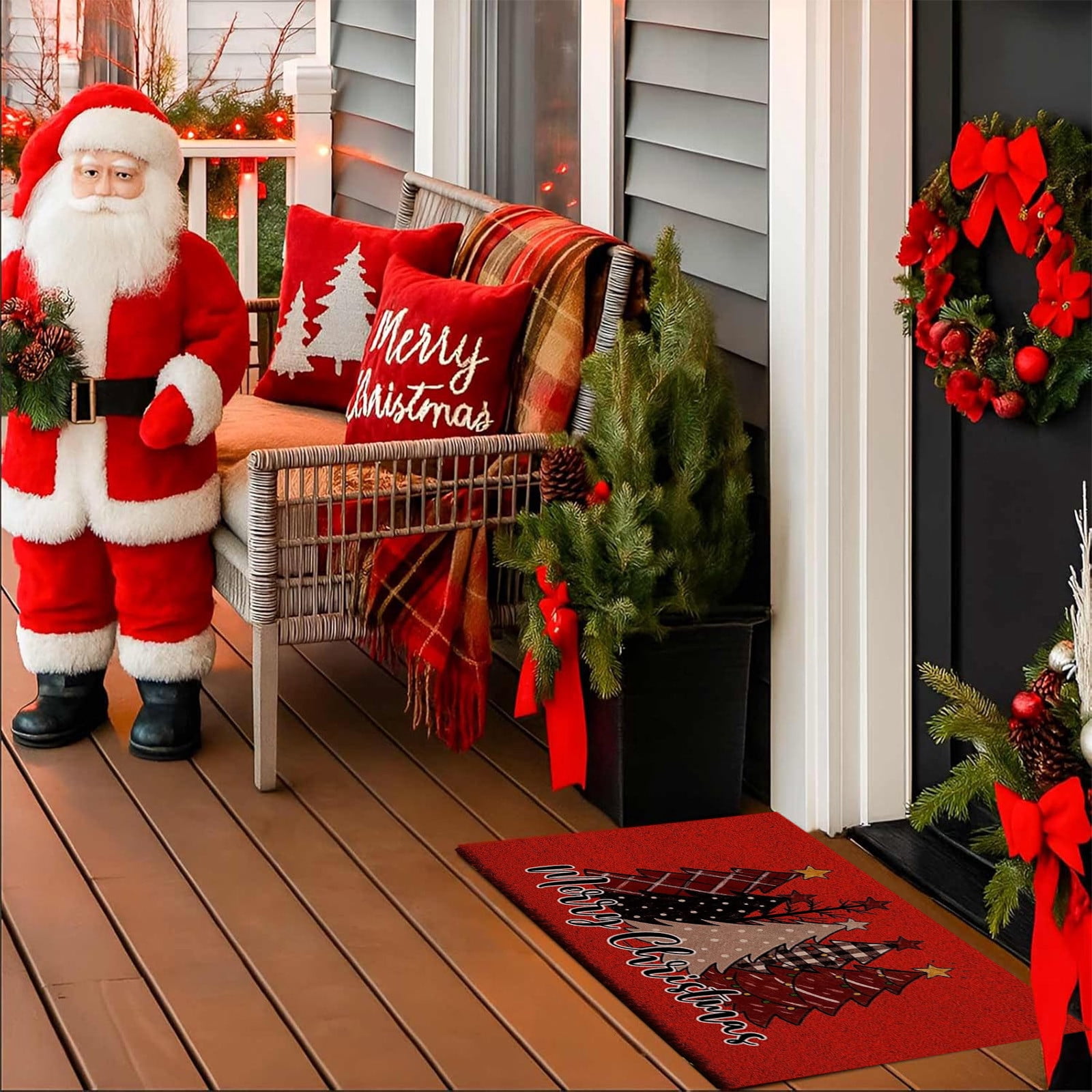 Christmas Welcome Natural Coir Door Mat, Forest Christmas Tree Front Door Outdoor Doormat Outside Entrance Porch Non Slip Rubber Rug Winter Xmas Farmhouse Decor 24*35in M-A