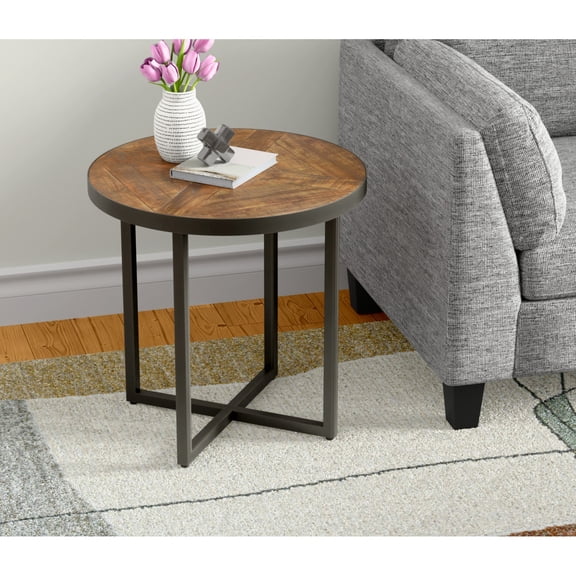 Faro Brown Round End Table Solid Wood, 24 Inch, Antique Pine & Steel Gray