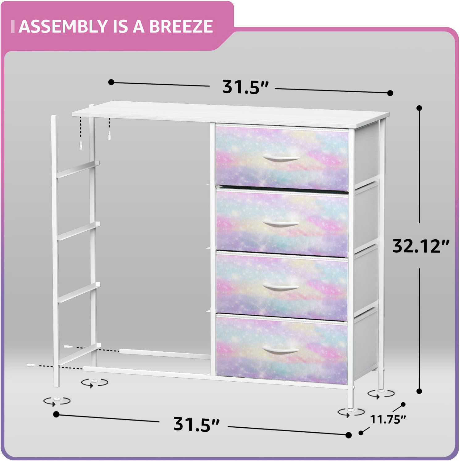 Sorbus Kids 8-Drawer Dresser Storage Tower, Steel Frame, Wood Top, Rainbow Sparkle