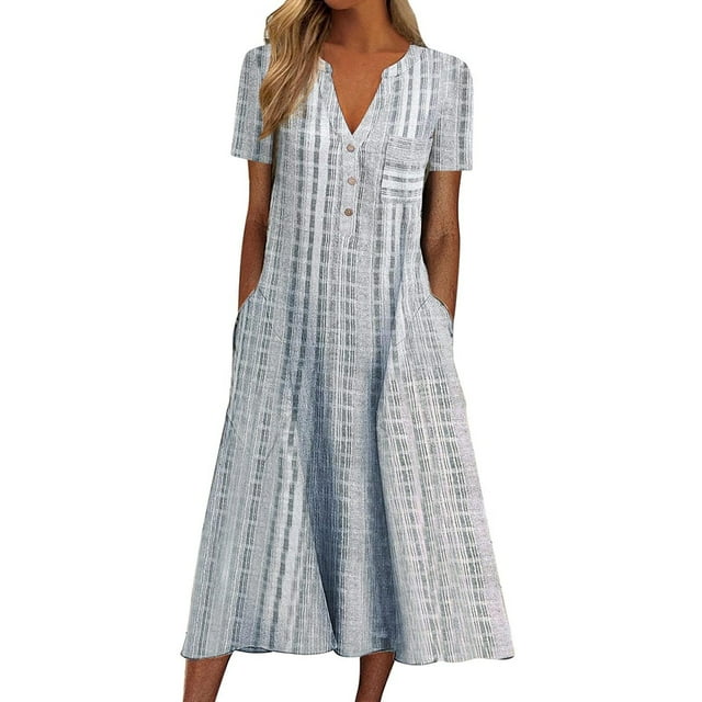 Vestidos Para Mujer Maxi Vestido Casual Raya Estampado Botones Cuello V Manga Corta Con Bolsillo Vestido Largo Odeerbi ODB159465