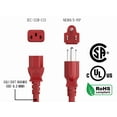 thumbnail image 6 of Cable Leader 4Ft Universal Ac Power Cord Nema 5-15P To Iec320 C13 18Awg Sjt Red, 6 of 6